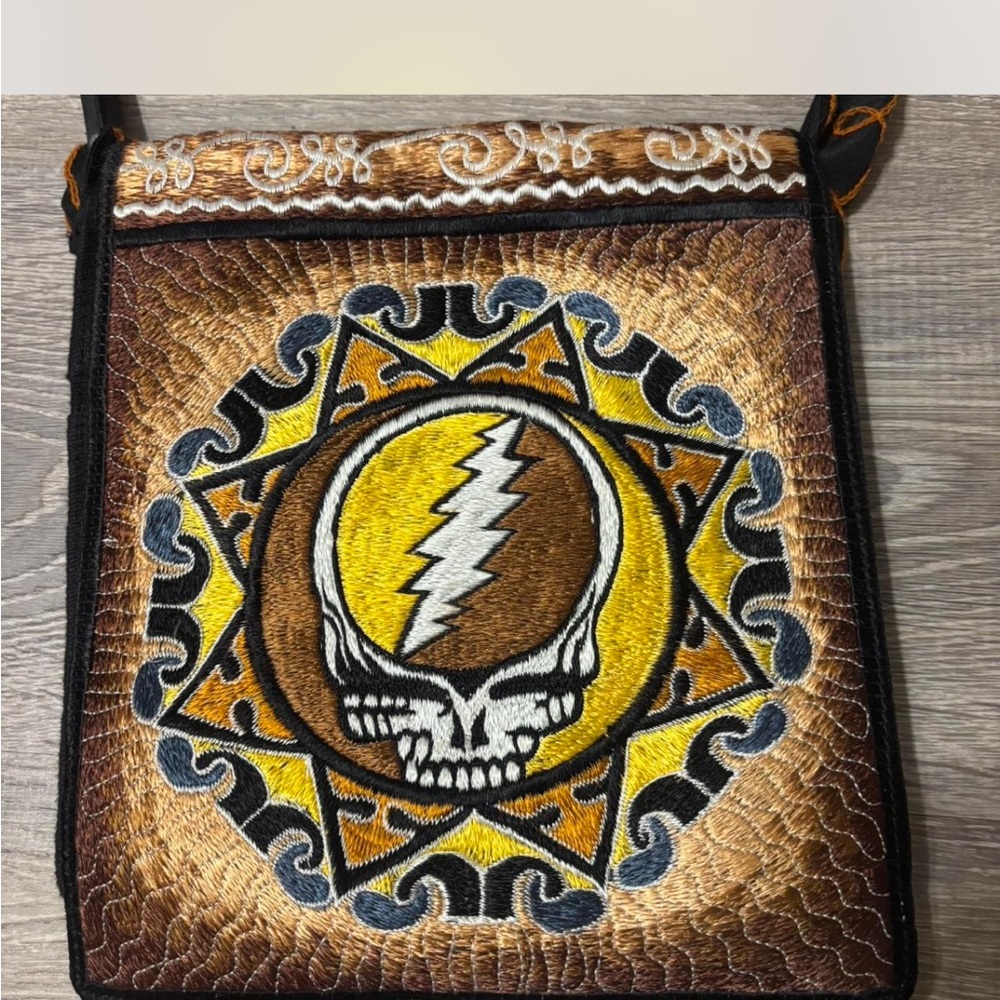 Grateful DeadEmbroidered Brown & Yellow Crossbody Bag with Skull Medallion